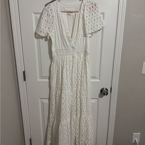 Anthropologie White Maxi Dress Flutter Sleeve Plunge Neckline
